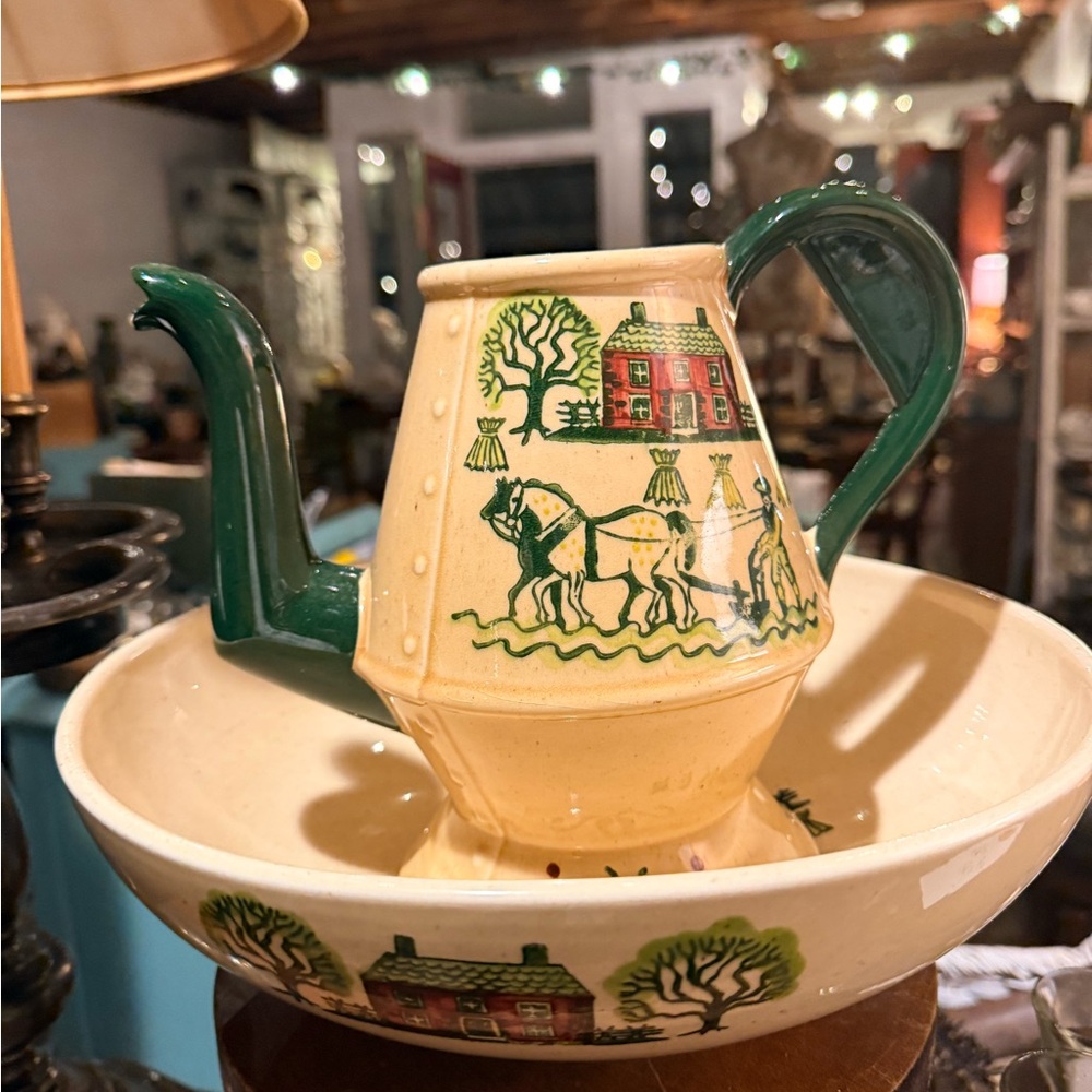 Vintage Ceramic Teapot with Green Accents and bowl